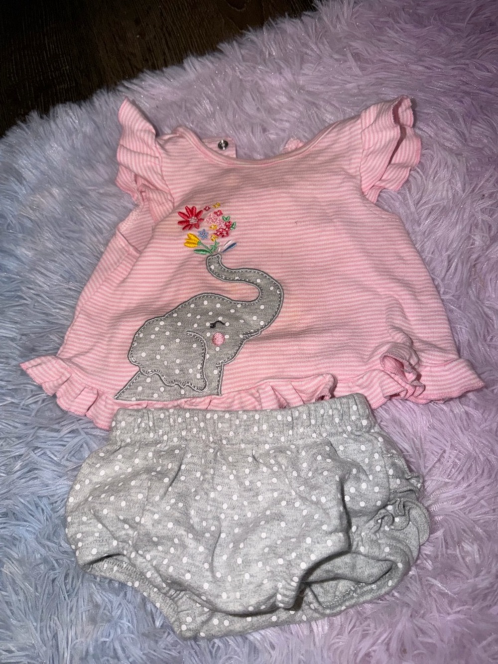 Starting Out Pink Striped Ruffle Top with Gray Polka Dot Bloomers